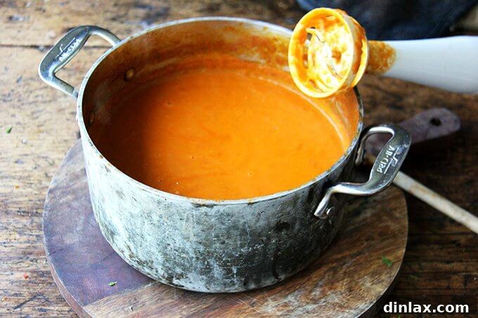 Marcella Hazan's Effortless Butter and Onion Tomato Sauce 13 A close-up of a pot of beautifully puréed tomato sauce, smooth and rich in texture.