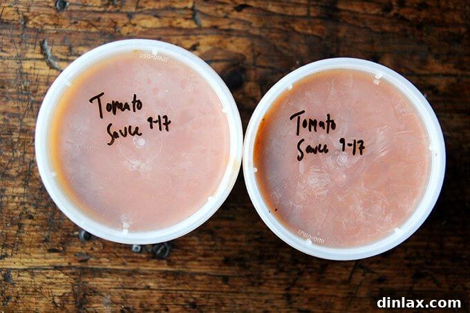 Marcella Hazan's Effortless Butter and Onion Tomato Sauce 15 Two quarts of tomato sauce in deli containers, clearly dated, ready for storage.