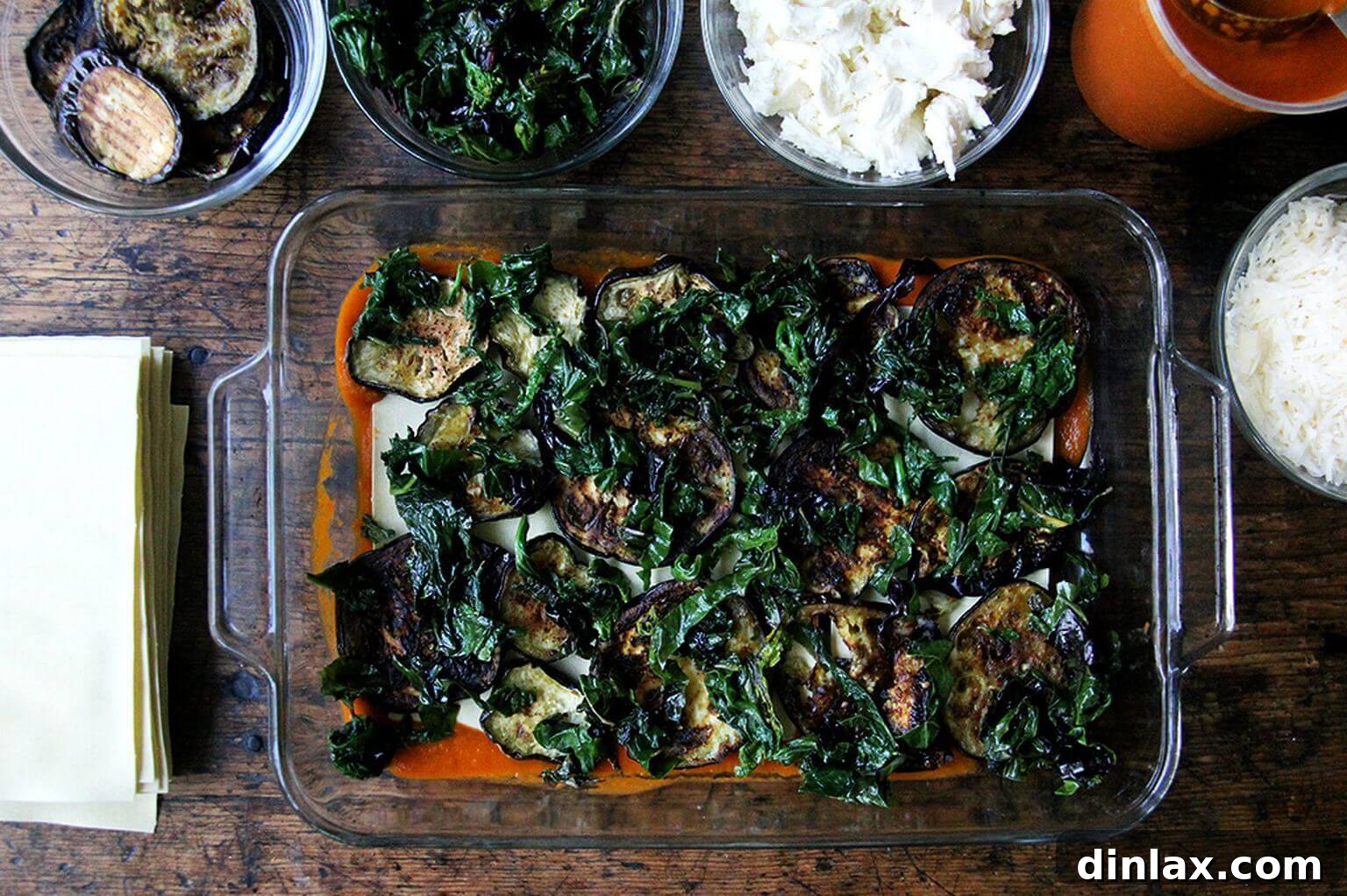 A vibrant layer of roasted eggplant and Swiss chard in the lasagna.
