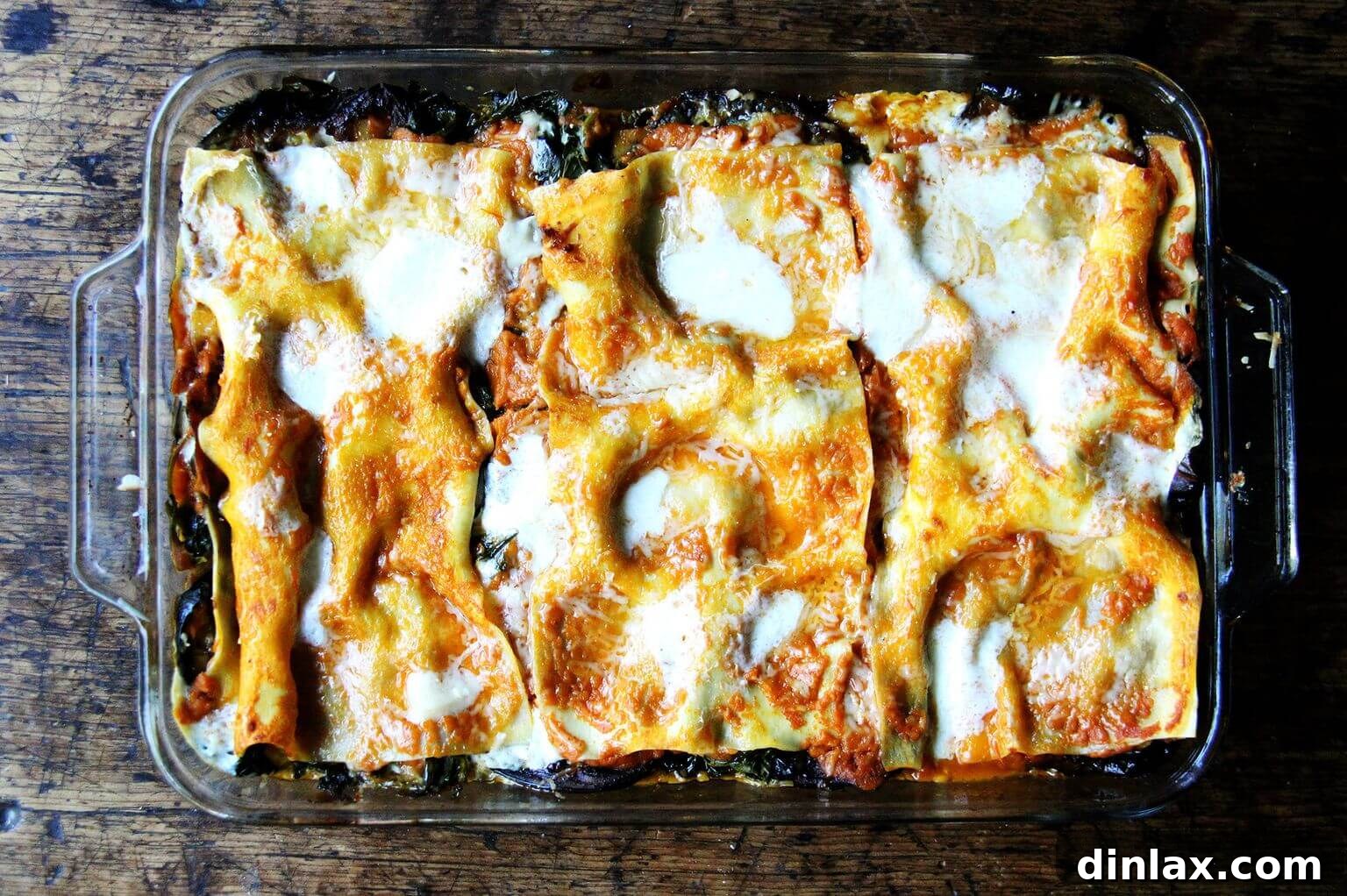 A pan of just-baked roasted eggplant lasagna, fresh from the oven.