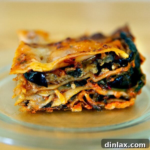 A slice of just-baked roasted eggplant lasagna.