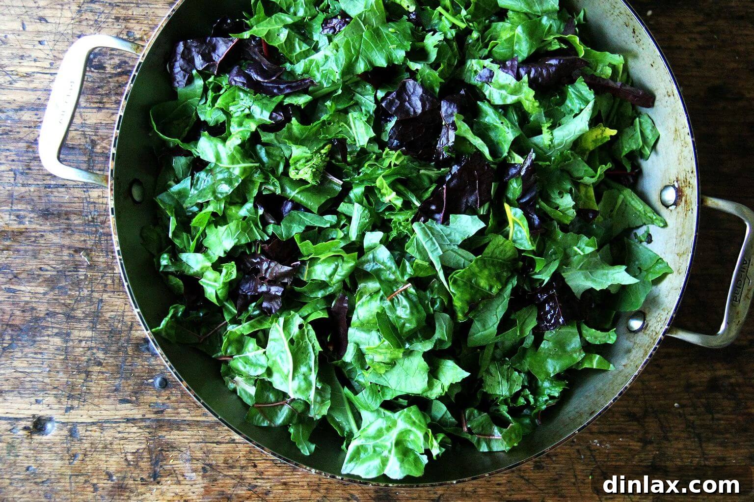 Fresh Swiss chard in a pan, ready to be sautéed.