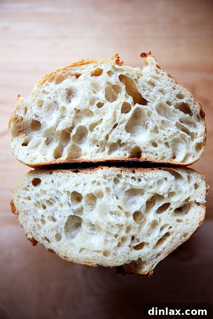Mastering Sourdough: A Step-by-Step Homemade Journey 3 A beautifully halved loaf of sourdough bread revealing its open, airy crumb.