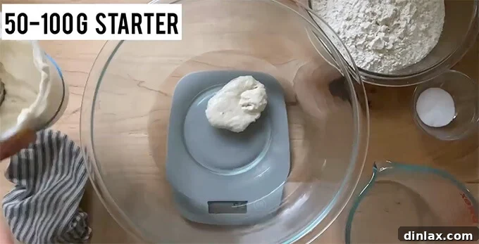 Mastering Sourdough: A Step-by-Step Homemade Journey 7 A bowl on a digital scale holding water and sourdough starter.