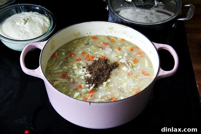 A close-up view of a large pot of vegetarian cabbage soup simmering on the stovetop, with whole caraway seeds visible among the vegetables, infusing their aromatic flavor.