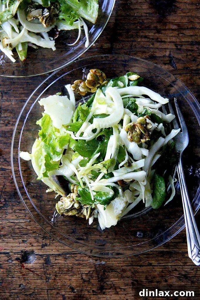 Elevate your autumn table with this irresistible fall salad: shaved cabbage, fennel, mixed greens, Manchego, and sweet-and-salty candied pepitas. A fresh and festive option for any gathering. // alexandracooks.com Two plates of a vibrant fall salad featuring shaved cabbage, fennel, mixed greens, and crunchy candied pepitas.