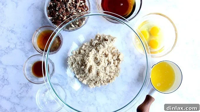 Naturally Sweet Bourbon Pecan Pie 16 All the ingredients for the Bourbon Pecan Pie filling laid out before mixing.