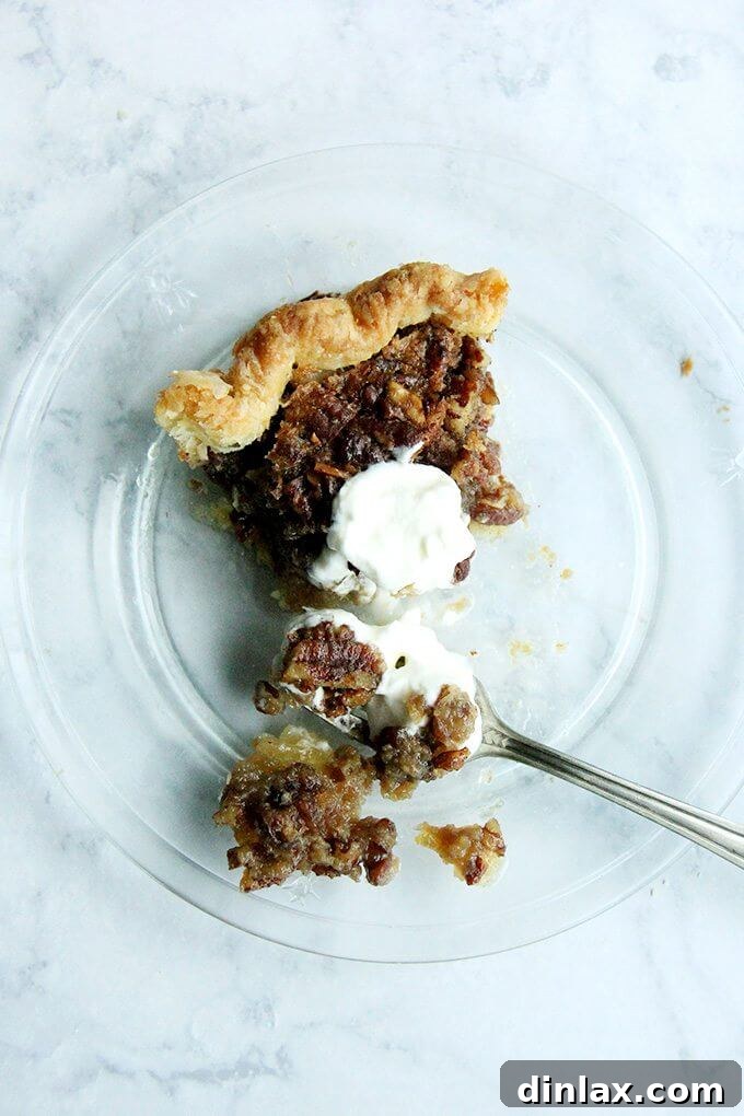 This pie dough recipe never fails me, and though I’ve written about it before, I thought it was time to give it its own post. It’s a David Lebovitz recipe, and it’s become the recipe I use for every pie, galette, tart, etc. I make it in the food processor, but it certainly can be made by hand. // alexandracooks.com An overhead shot of a slice of homemade no-corn-syrup bourbon pecan pie on a white plate, garnished with a dollop of salted whipped cream.