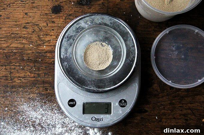 A measuring spoon filled with instant yeast, an essential ingredient for baking peasant bread.