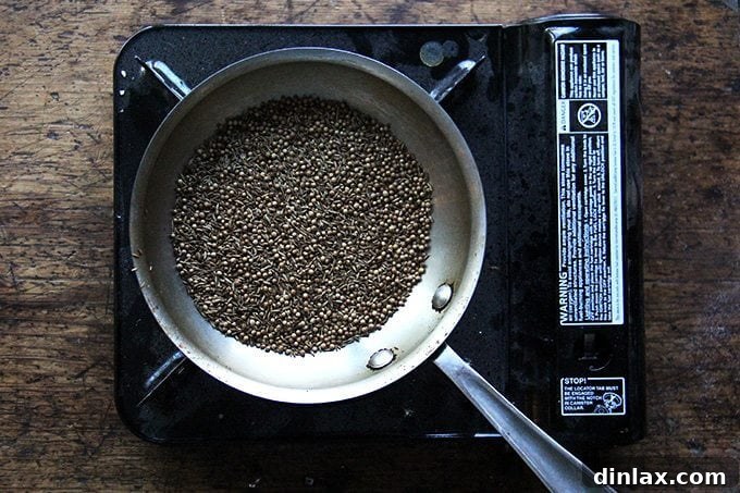 Crunchy Nut-Free Dukkah Blend 4 A portable camping stove with a skillet heating cumin and coriander seeds, indicating a kitchen renovation.