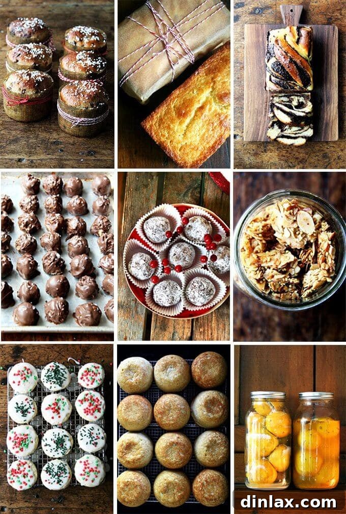 A beautiful montage of beautifully packaged homemade gifts, including baked goods, preserves, and gourmet items, symbolizing warmth and generosity.