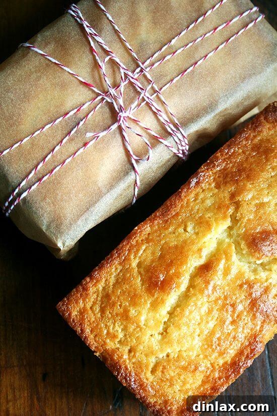 A perfectly baked loaf of lemon-ricotta pound cake, moist and golden, with a delicate dusting of powdered sugar.