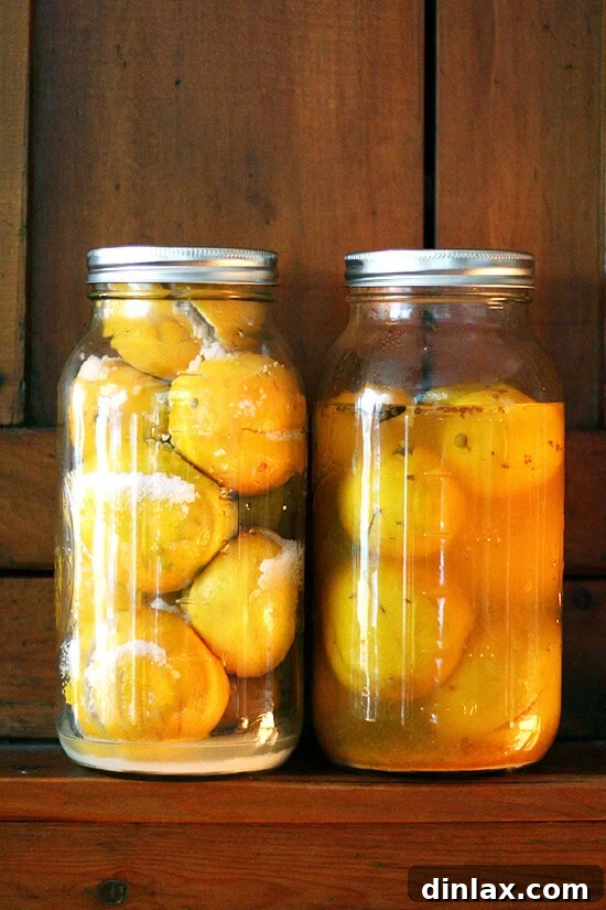 A clear glass jar filled with bright, homemade preserved lemons, an essential ingredient for authentic Mediterranean cooking.