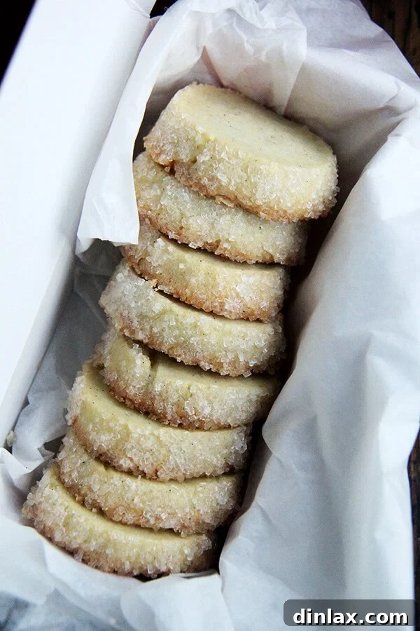 A charming box filled with golden-brown vanilla bean sables, showcasing their delicate, buttery texture and speckles of vanilla.