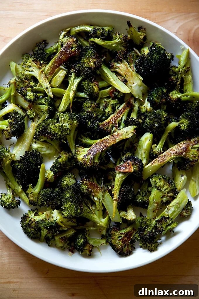Ina Garten's Crispy Lemon Garlic Parmesan Roasted Broccoli 10 A stylish serving bowl brimming with savory garlic-roasted broccoli, brightened with lemon and topped with Parmesan, ready to be enjoyed as a perfect side dish.