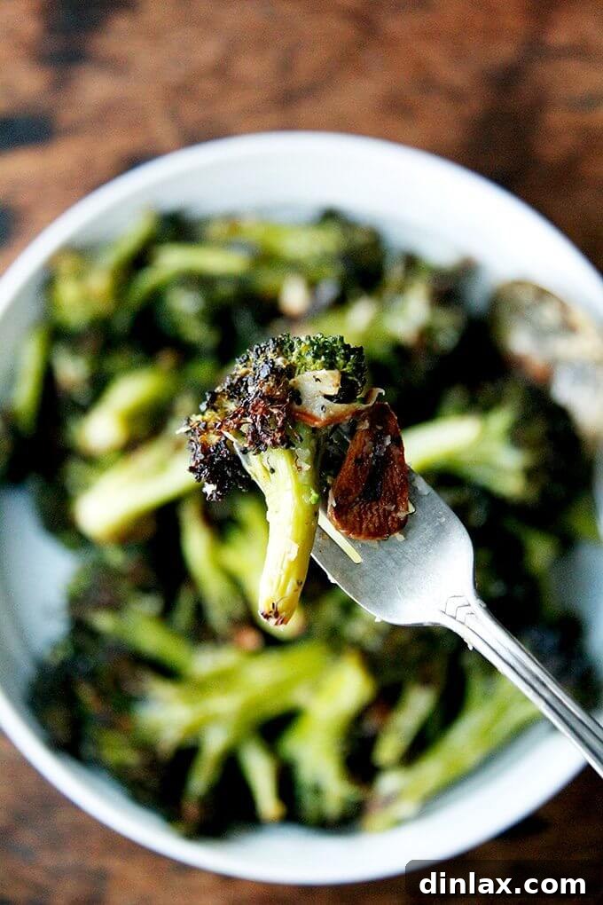 Experience the delightful simplicity of this excellent and easy roasted broccoli recipe. It’s so good, you'll crave it after any indulgent meal, making it a perfect, healthy go-to. // alexandracooks.com A single bite of roasted broccoli with caramelized garlic on a fork, showcasing its perfect texture and inviting golden-brown edges.