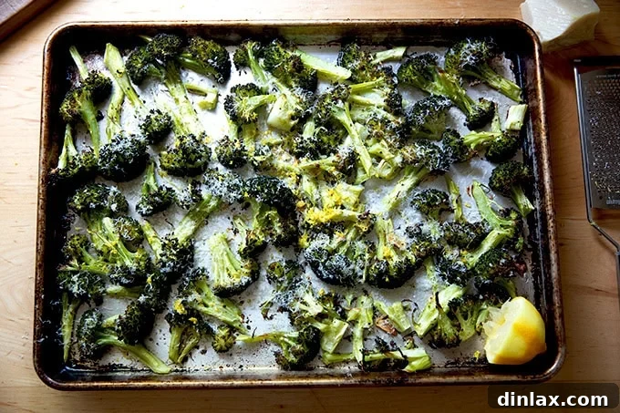 Ina Garten's Crispy Lemon Garlic Parmesan Roasted Broccoli 8 A vibrant sheet pan of just-roasted broccoli, generously topped with delicate shavings of Parmesan cheese, bright lemon zest, and a fresh lemon half, ready to be squeezed for a burst of citrus.