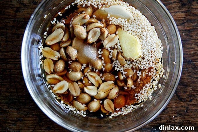 Golden Tofu and Broccoli with Savory Peanut Sesame Pesto 8 All the pesto ingredients are gathered in a food processor, ready to be pulsed into a smooth and flavorful sauce.
