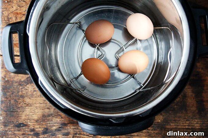 Overhead shot of instant pot with steamer basket inserted, 4 eggs on top, and 2 cups of water.