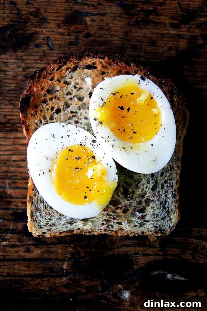 Perfect Instant Pot soft-boiled eggs on toasted quinoa-flax bread.