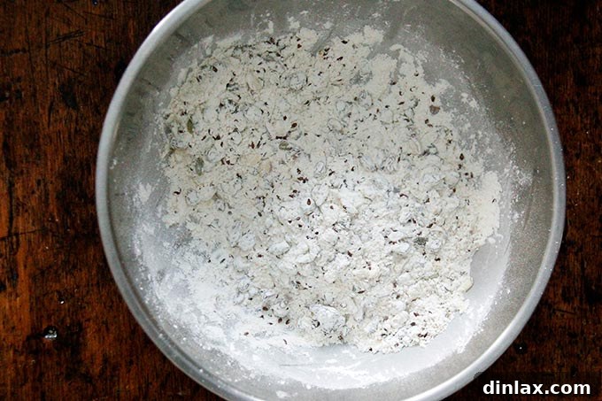 Three Seed Crisps 7 The dry ingredients for three-seed crackers, including seeds, nuts, and dried fruit, have been thoroughly tossed and combined in a mixing bowl.