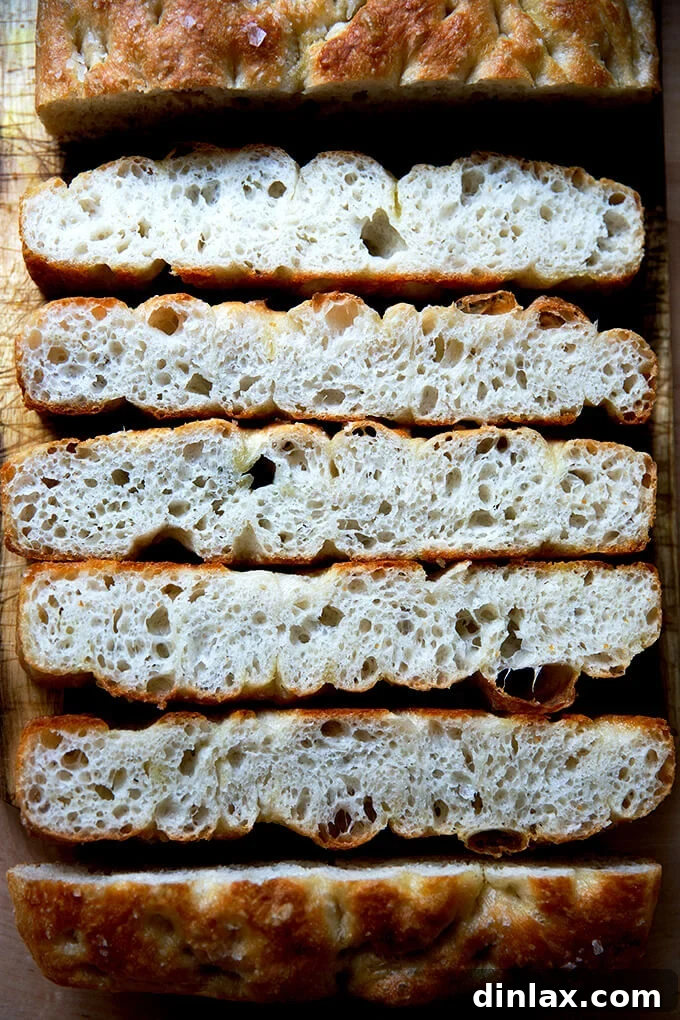 Close-up crumb shot of freshly baked focaccia revealing large air pockets.