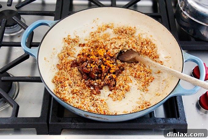 Instant Pot Harissa Rice with Sweet Dates and Zesty Orange 11 Diced Medjool dates and orange zest added to the skillet with the toasted rice and harissa mixture, adding sweetness and aroma.