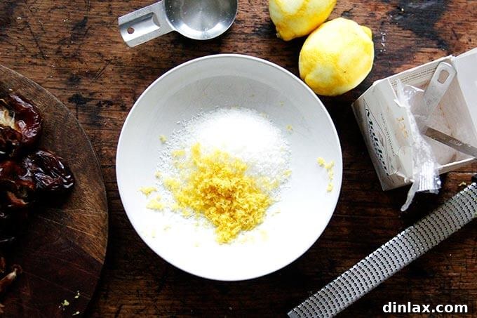 Zesty Lemon Coconut Date Bites 4 A bowl of lemon zest and coconut.