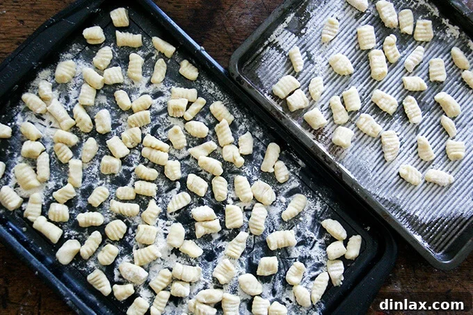 A close-up of a single gnocchi, revealing its delicate texture.