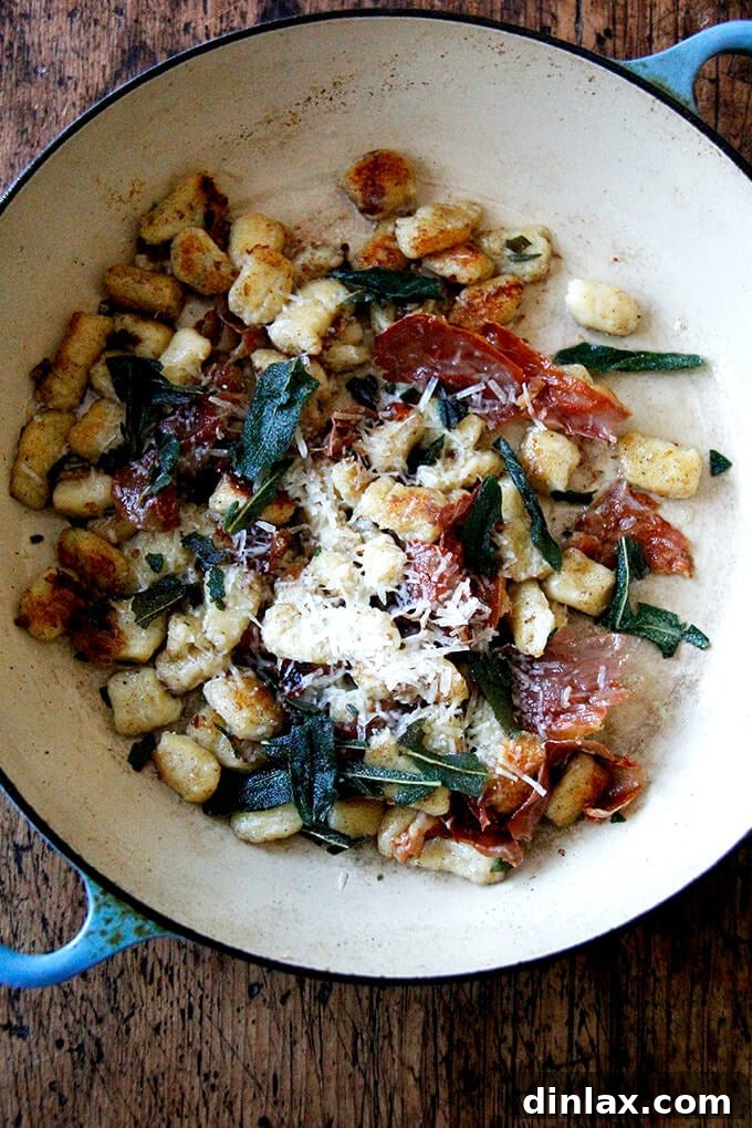 A close-up of the textured gnocchi with its savory sauce.