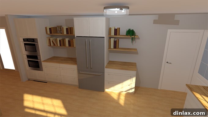 Close-up view of a minimalist kitchen design with open shelving and natural wood elements