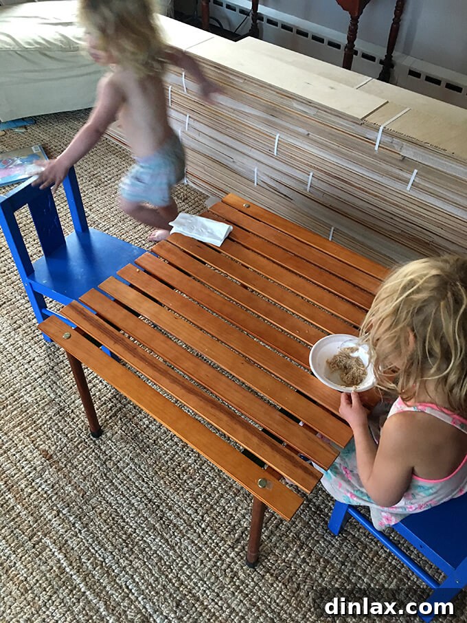 Temporary kitchen setup in dining room during home renovation, showing appliances on a table