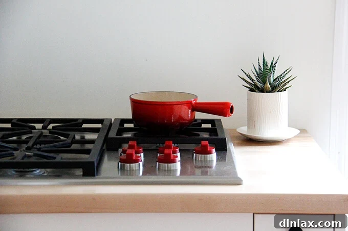 Close-up of open shelves with various kitchen items and a touch of greenery.
