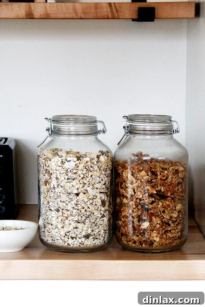 Stacked jars of Bircher muesli and granola, ready for daily breakfast.
