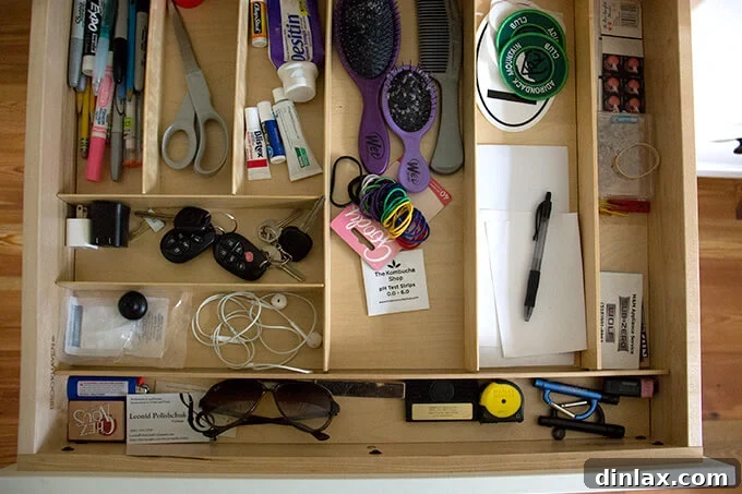 The 'junk drawer' revealing organized chaos with dividers, humorously including a tube of Desitin.
