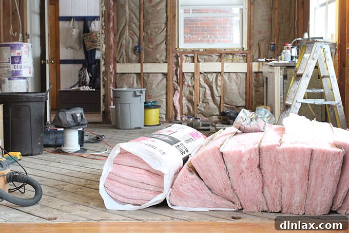 New insulation being installed in the kitchen walls, improving energy efficiency and soundproofing