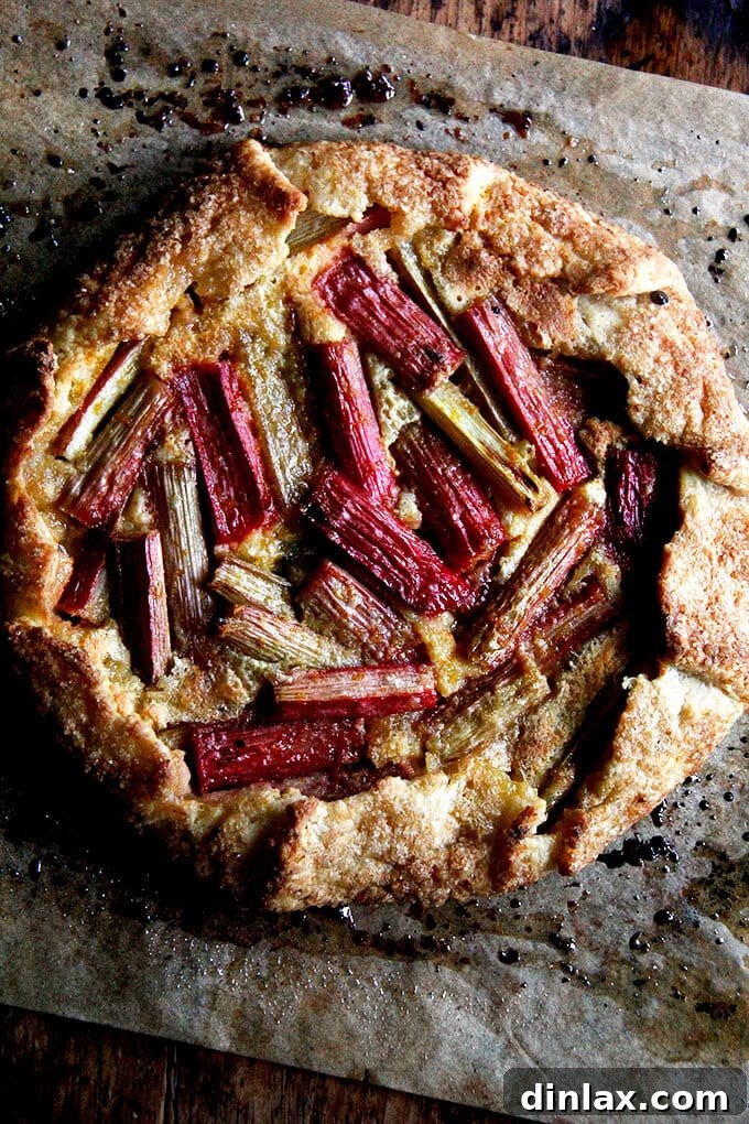 Rustic Rhubarb Frangipane Galette 27 A just-baked rhubarb-frangipane galette, golden and glistening, resting on a sheet pan with parchment paper underneath.