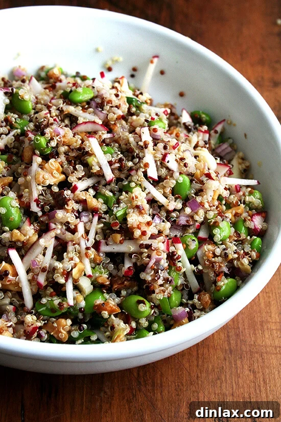Flavorful quinoa salad with crunchy walnuts, peppery radishes, and fresh spring onions.