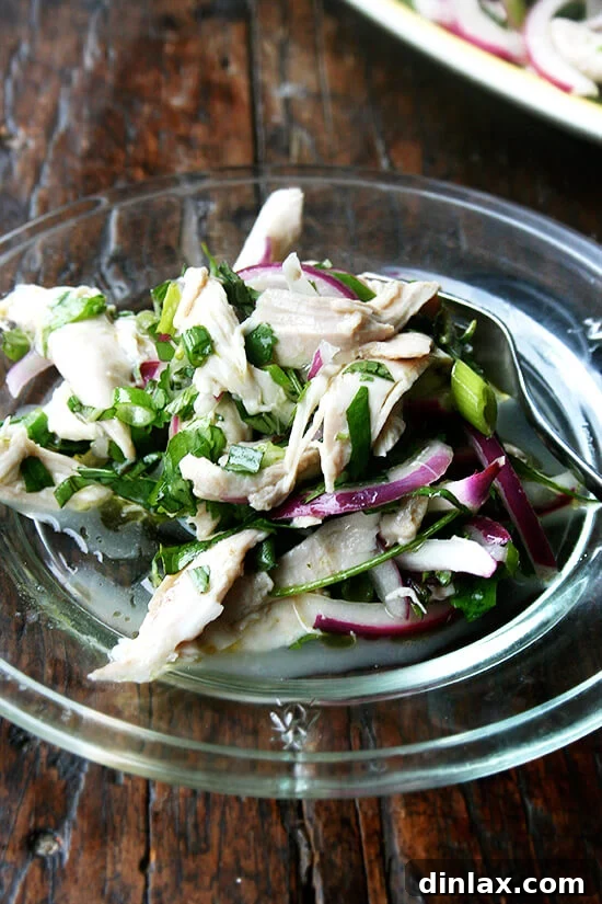 Light and fresh chicken salad dressed with olive oil and a generous amount of herbs.