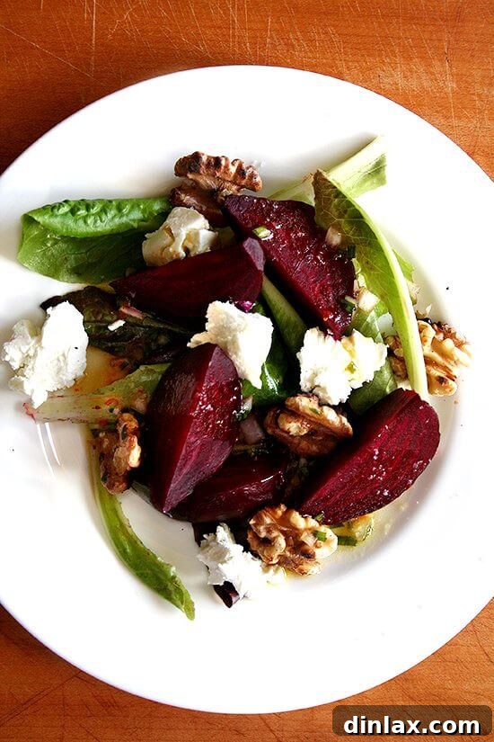 Classic salt-roasted beets with creamy goat cheese and crunchy walnuts.