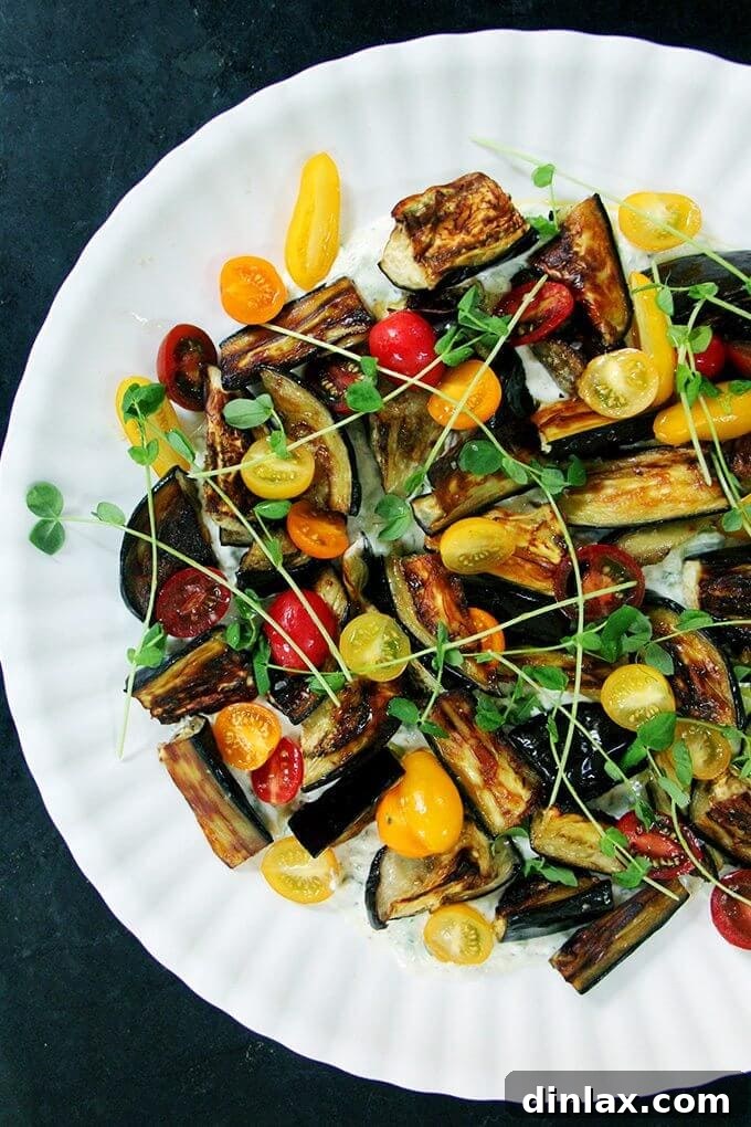 Delicious roasted eggplant salad with refreshing cucumber-yogurt sauce, tomatoes, and kale.