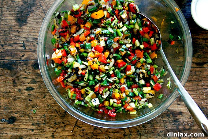 Seasoned chopped grilled vegetables in a bowl