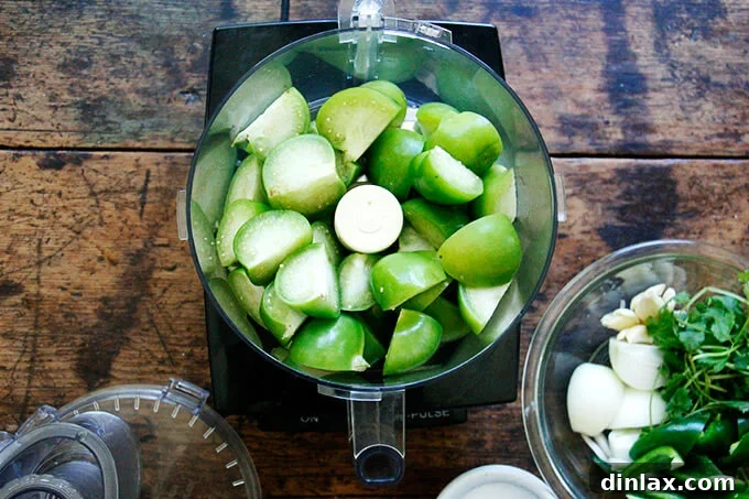 Tomatillos in a food processor