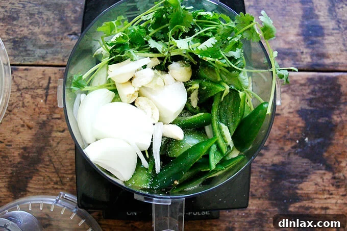 Ingredients for tomatillo salsa in food processor