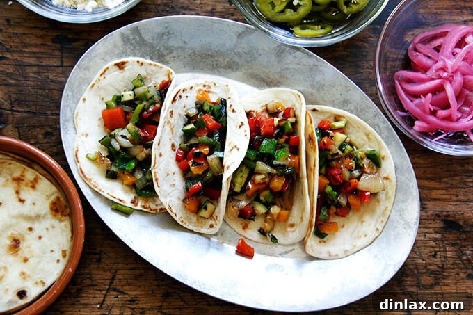 Warm tortillas filled with grilled vegetables