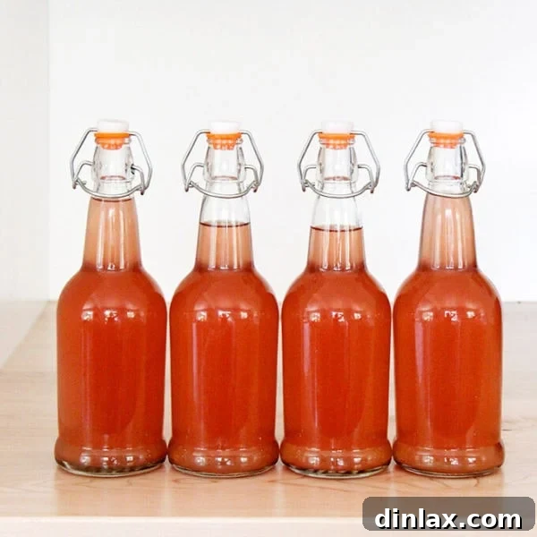 Four bottles of homemade rhubarb schnapps, neatly arranged.