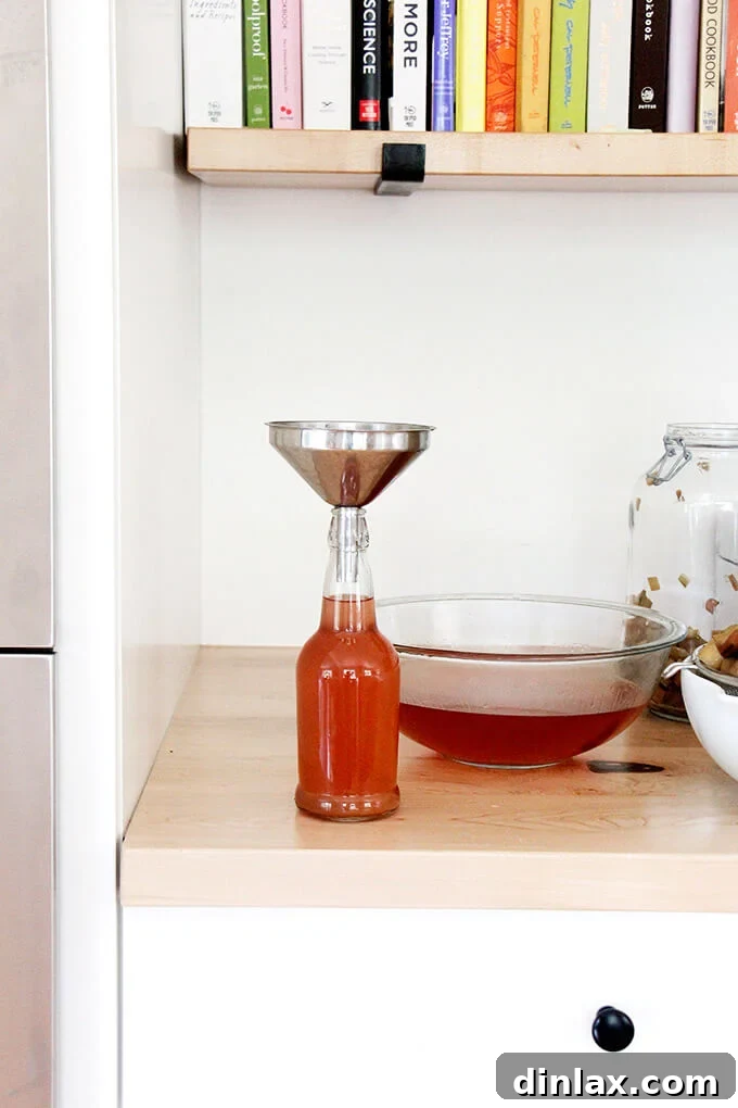 Rhubarb Schnapps Reimagined 10 A jar of finished rhubarb schnapps with a funnel on top, ready for straining and bottling.