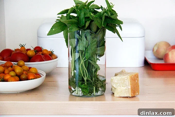 A counter displaying fresh ingredients: vibrant basil leaves, ripe tomatoes, and a block of Parmesan cheese. Essential fresh additions for the salad.