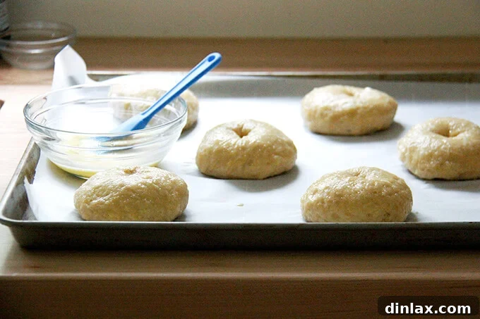 Bagels being brushed with an egg wash on a sheet pan, ready for the application of toppings and baking.