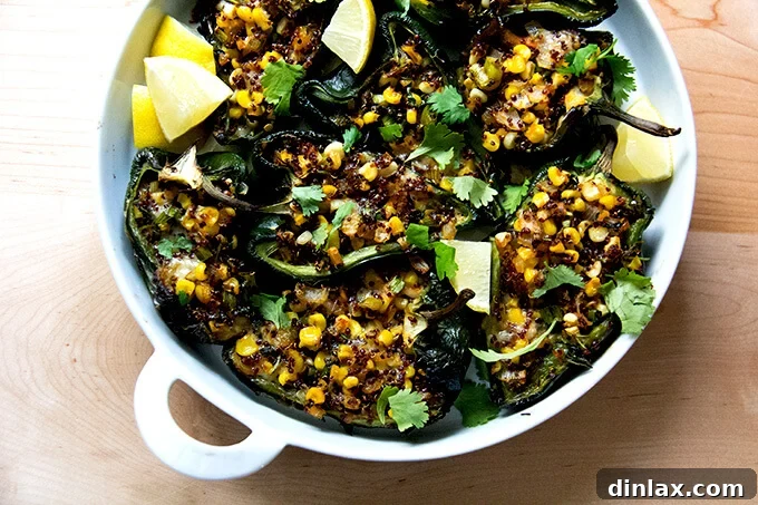 A pan of perfectly baked poblano peppers, blistered and generously stuffed with a savory blend of quinoa, corn, and melted Monterey Jack cheese, fresh out of the oven.